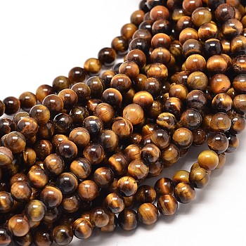 Natural Tiger Eye Round Bead Strands, 6mm, Hole: 1mm, about 60pcs/strand, 15 inch