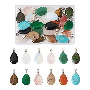 24pcs 12 Styles Natural & Synthetic Gemstone Pendants, with Platinum Tone Brass Findings, Teardrop, 25~29x16~17x5~6mm, Hole: 2x7mm, 2pcs/style