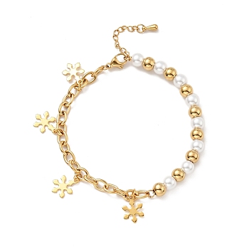 201 Stainless Steel Snowflake Charm Bracelet, Plastic Pearl Beaded Bracelet with Vacuum Plating 304 Stainless Steel Cable Chains for Women, Golden, 7-1/2 inch(19cm)