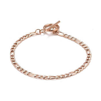 Ion Plating(IP) 304 Stainless Steel Chain Bracelets for Women or Men, Figaro Chain Bracelets, Rose Gold, 8 inch(20.3cm)
