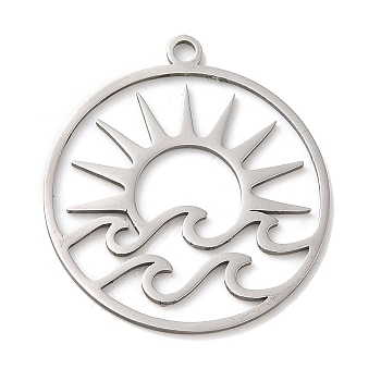 201 Stainless Steel Pendants, Flat Round with Sun, Stainless Steel Color, 27.5x23x1mm, Hole: 3mm