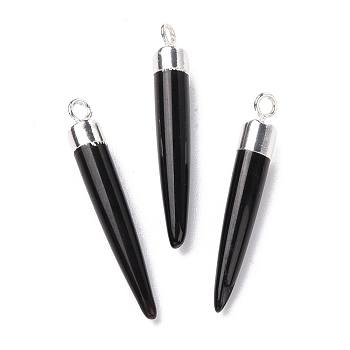 Natural Black Onyx Brass Pendants, Cadmium Free & Lead Free, Dyed & Heated, Bullet Shaped, Silver Color Plated, 33~37x4~5mm, Hole: 2mm