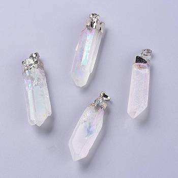 Angel Aura Quartz, Prism Natural Quartz Crystal Big Pendants, AB Color Plated, with Platinum Plated Top and Brass Bails, 55.5~60x12~17x12~17mm, Hole: 8x5mm