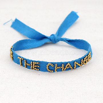 Word Be The Change Glass Seed Beaded Cord Bracelet, Lucky Adjustable Bracelet for Women, Dodger Blue, 14-1/8 inch(36cm)(BJEW-A121-56)