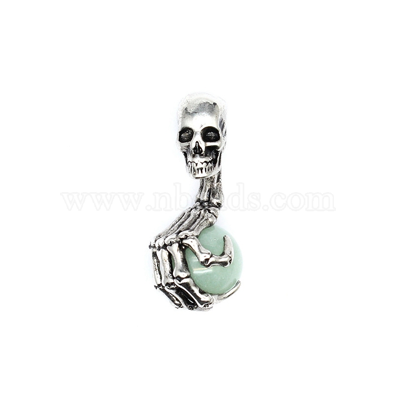 Günstige Halloween-Totenkopf-Anhänger aus natürlicher grüner  Aventurin-Legierung, Skelett-Handanhänger mit Edelsteinkugel, Antik Silber,  43x19 mm