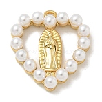 Rack Plating Brass Pendants, with ABS Plastic Pearl, Long-Lasting Plated, Lead Free & Cadmium Free, Heart with Virgin Mary, Real 18K Gold Plated, 19.5x18x4.5mm, Hole: 1.5mm(KK-L224-059G)