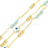 Handmade Brass Horse Eye & Curb Chain, with Glass Evil Eye, Long-Lasting Plated, Soldered, with Spool, Golden, Sky Blue, 10x6x4mm, 21x3.5mm(CHC-D032-13G)