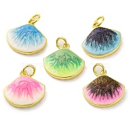 Brass Enamel Pendants, with Glitter and Jump Ring, Long-Lasting Plated, Real 18K Gold Plated, Shell Shape Charm, Mixed Color, 14.5x15.5x3mm, Hole: 3.5mm(KK-S401-11G)