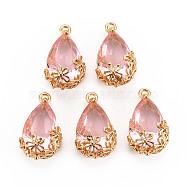 Transparent Glass Pendants, for DIY Jewelry Making, with Brass Findings, Faceted, Teardrop with Flower, Light Gold, Pink, 16x9x6mm, Hole: 1.2mm(GLAA-T007-05I)