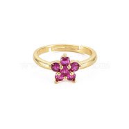 Glass Flower Adjustable Ring, Real 18K Gold Plated Brass Jewelry for Women, Cadmium Free & Lead Free, Medium Violet Red, US Size 7 1/4(17.5mm)(RJEW-S049-018G-01)