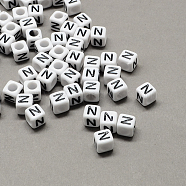 Large Hole Acrylic Letter European Beads, Horizontal Hole, White & Black, Cube with Letter, Letter.N, 8x8x8mm, Hole: 4mm, about 1144pcs/500g(SACR-Q103-8mm-01N)