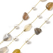 Ion Plating(IP) 316 Surgical Stainless Steel Paperclip Chains, with Natural Botswana Agate Nuggets Beads and Glass Beads, Soldered, Real 18K Gold Plated, with Spool, Link: 2.5x1x0.5mm(CHS-I019-19J)