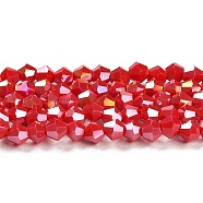Opaque Solid Color Electroplate Glass Beads Strands, AB Color Plated, Faceted, Bicone, Red, 4x4mm, Hole: 0.8mm, about 87~98pcs/strand, 12.76~14.61 inch(32.4~37.1cm)(X1-GLAA-F029-P4mm-A02)