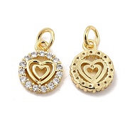 Brass Micro Pave Clear Cubic Zirconia Charms, with Jump Ring, Flat Round with Heart Charm, Real 18K Gold Plated, 12x9.5x2mm, Hole: 3.5mm(KK-E068-VB121)