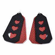 PU Leather Big Pendants, with Platinum Tone Iron Jump Rings, Polygon with Heart, Red, 62x31x3mm, Hole: 5mm(FIND-R084-17)