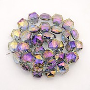 Hexagon Electroplate Full Rainbow Plated Glass Beads Strands, Faceted, Dark Violet, 15x14x8mm, Hole: 1mm, about 50pcs/strand, 23.6 inch(EGLA-P015-F06)