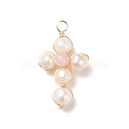 Natural Rose Quartz & White Freshwater Pearl Pendants, with Real 18K Gold Plated Copper Wire Wrapped, Cross, 31.5x17.5x7mm, Hole: 3.1mm(PALLOY-JF01660-04)