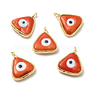 Handmade Lampwork Pendants, with Eco-friendly Light Gold Brass Findings, Long-Lasting Plated, Cadmium Free & Lead Free, Triangle with Evil Eye Charm, Coral, 16x13.5x4~4.5mm, Hole: 2mm(LAMP-C009-01LG-02)