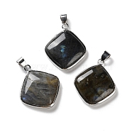 Natural Labradorite Pendants, Rack Plating Brass Rhombus Charms, Platinum, Long-Lasting Plated, Lead Free & Cadmium Free, 30x25.5x6.5mm, Hole: 5x4mm(G-B123-04P)