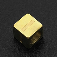 201 Stainless Steel European Beads, Large Hole Beads, Horizontal Hole, Cube, Golden, Letter.I, 7x7x7mm, Hole: 5mm(STAS-N090-LA063-I)