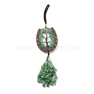 Natural Green Aventurine Chip Tree of Life Pendants Decoration, Brass Horse Shose Tassel Gems Hanging Ornaments, 220mm, Pendant: 170x59x7mm(G-F733-06G)