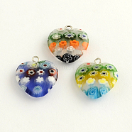 Handmade Millefiori Glass Pendants, with Platinum Plated Iron Findings, Heart, Mixed Color, 20x18x4mm, Hole: 2mm(LK-R006-03)