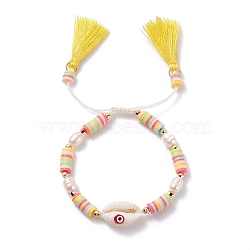 Natual Shell with Evil Eye & Pearl Braided Bead Bracelet, Heishi Beads Bracelet with Double Tassel Charm for Women, Yellow, Inner Diameter: 2-1/8~ 3-1/8 inch(5.4~8cm)(BJEW-TA00049-01)
