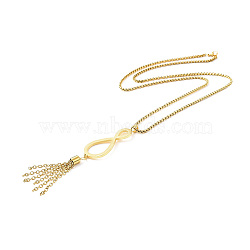 Ion Plating(IP) 304 Stainless Steel Infinity with Tassel Pendant Necklace with Box Chains for Women, Golden, 24.13 inch(61.3cm)(NJEW-B087-05G)