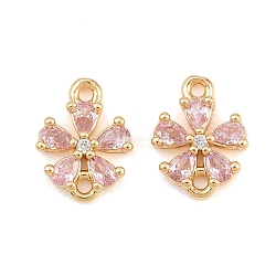 Brass Pave Pink Cubic Zirconia Connector Charms, Flower Links, Real 18K Gold Plated, 11x8.5x2mm, Hole: 1mm(CU-CBAA6E8-01G)