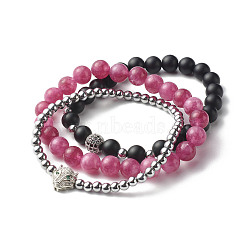 Reiki Crystal Natural Chalcedony Imitation Tourmaline Stretch Bracelets Set for Men Women, Synthetic Black Stone & Synthetic Hematite Bracelets, Leopard Brass Micro Pave Cubic Zirconia Bracelets, Inner Diameter: 2-1/4~2-3/8 inch(5.6~6cm), 3pcs/set(BJEW-JB06806-02)