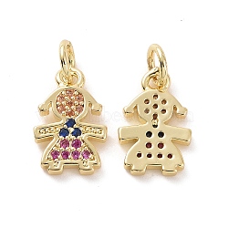 Brass Micro Pave Colorful Cubic Zirconia Charms, with Jump Ring, Girl, Real 18K Gold Plated, 13x8.5x1.5mm, Hole: 1.4mm(KK-E068-VF144)