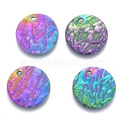Ion Plating(IP) 304 Stainless Steel Charms, Textured, Laser Cut, Flat Round, Rainbow Color, 12x1mm, Hole: 1.4mm(STAS-M228-C01-M)