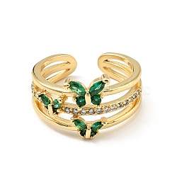 Cubic Zirconia Butterfly Open Cuff Ring, Real 18K Gold Plated Brass Jewelry for Women, Cadmium Free & Lead Free, Green, US Size 6 3/4(17.1mm)(RJEW-E046-18G)