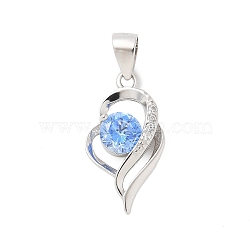 Fine Silver Cubic Zirconia Pendants, Heart Charms, Platinum, Rhodium Plated, Cornflower Blue, 19.5x10.5x4mm, Hole: 5x3.5mm(STER-S008-03B-P)