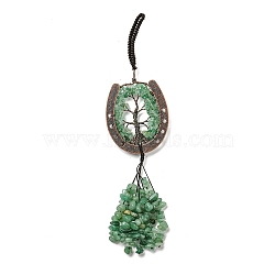 Natural Green Aventurine Chip Tree of Life Pendants Decoration, Brass Horse Shose Tassel Gems Hanging Ornaments, 220mm, Pendant: 170x59x7mm(G-F733-06G)