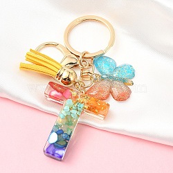 Resin Keychain, with Faux Suede Tassel Pendant & Alloy Clasps & Iron Rings, Letter T, 10cm(KEYC-YW00120-20)