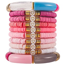 10Pcs 10 Style Handmade Polymer Clay Heishi Beaded Stretch Bracelets Set with Heart, Acrylic Chunky Curved Tube Bracelets for Women, Pink, Inner Diameter: 2-1/8 inch(5.5cm)(BJEW-SW00036-02)