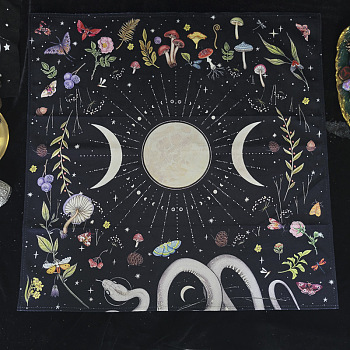 Velvet Fabric, Tarot Desk Fabric, Square with Moon & Mushroom Pattern, Colorful, 640x640mm