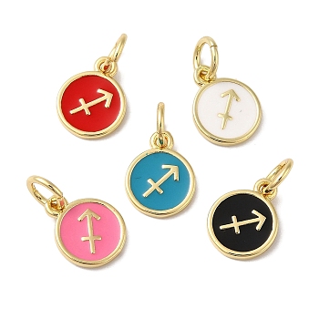 Real 18K Gold Plated Brass Enamel Charms, with Jump Ring, Long-Lasting Plated, Lead Free & Cadmium Free, Flat Round with Sagittarius Charms, Mixed Color, 10x8x1mm, Hole: 4mm