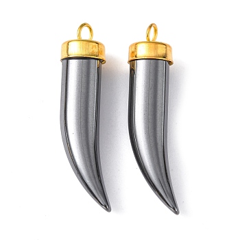 Non-magnetic Synthetic Hematite Pendants, Grade AA, with Brass Findings, Ivory/Tusk Shape, Golden, 35.5~37x8x8mm, Hole: 2.5mm
