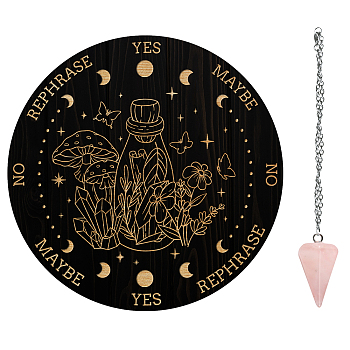 AHADEMAKER 1Pc PVC Plastic Pendulum Board, with 1Pc Natural Rose Quartz Stone Pendants, and 1Pc 304 Stainless Steel Cable Chain, for Witchcraft Wiccan Altar Supplies, Bottle Pattern, Board: 200x4mm