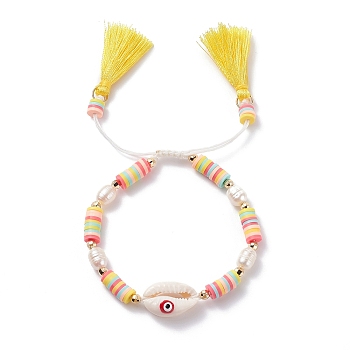 Natual Shell with Evil Eye & Pearl Braided Bead Bracelet, Heishi Beads Bracelet with Double Tassel Charm for Women, Yellow, Inner Diameter: 2-1/8~ 3-1/8 inch(5.4~8cm)