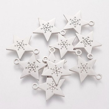 201 Stainless Steel Charms, Star with Snowflake Pattern, Stainless Steel Color, 15x14x1.1mm