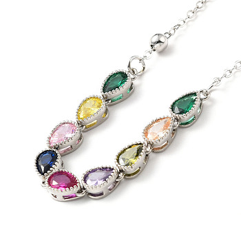 Colourful Cubic Zirconia Teardrop Pendant Necklace, Brass Jewelry for Women, Platinum, 19.53 inch(49.6cm)