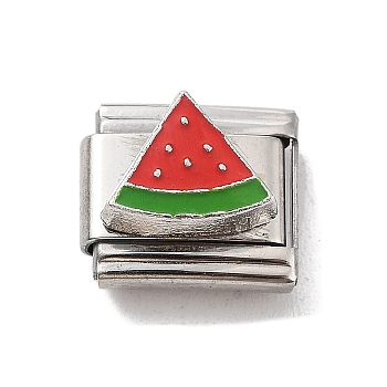 Watermelon 304 Stainless Steel Enamel Connector Charms, DIY Handmade Module Bracelet Accessories, Stainless Steel Color, Red, 10x9x6.5mm