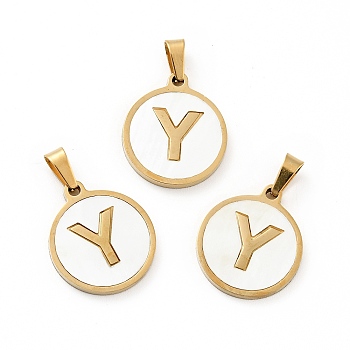 PVD Vacuum Plating 304 Stainless Steel with White Shell Pendants, Golden, Flat Round with Letter Charm, Letter.Y, 18x16x1.5mm, Hole: 3x6mm