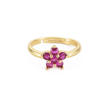 Glass Flower Adjustable Ring, Real 18K Gold Plated Brass Jewelry for Women, Cadmium Free & Lead Free, Medium Violet Red, US Size 7 1/4(17.5mm)