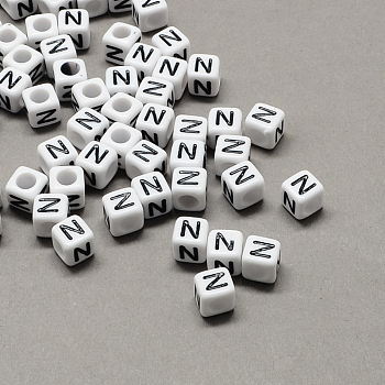 Large Hole Acrylic Letter European Beads, Horizontal Hole, White & Black, Cube with Letter, Letter.N, 8x8x8mm, Hole: 4mm, about 1144pcs/500g