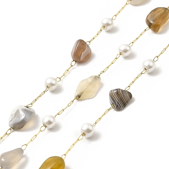 Ion Plating(IP) 316 Surgical Stainless Steel Paperclip Chains, with Natural Botswana Agate Nuggets Beads and Glass Beads, Soldered, Real 18K Gold Plated, with Spool, Link: 2.5x1x0.5mm