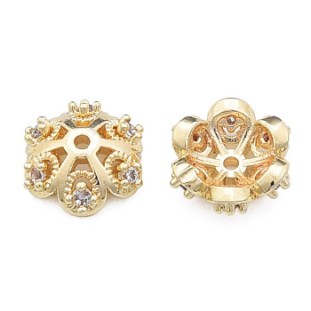 Brass Micro Pave Clear Cubic Zirconia Fancy Bead Caps, Nickel Free, 5-Petal, Clear, Flower, Real 14K Gold Plated, 9.5x9.5x3mm, Hole: 1mm